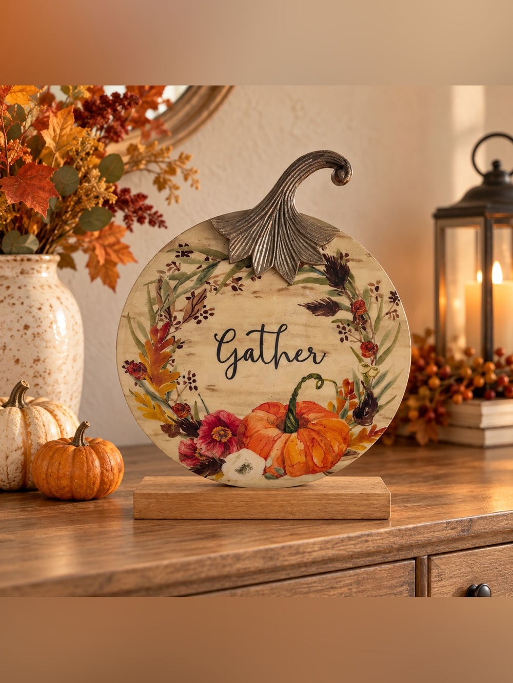 Gather Pumpkin Floral Fall Farmhouse Tabletop Decor